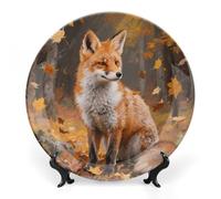 ERSTSNCK Sly Fox Ceramic Plate 6inch Decorative Bone China Wall Hanging Ornament Plates Bohemian Style Dinner Plate with Display Stand Cabinet Display Plates for Home Art Decor