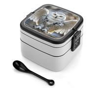 ERSTSNCK Snow Owl Bento Box 1000ml Leak Proof Lunch Container with Removable Dividers & Spoon - BPA-Free PP Stackable Lunch Box for Work, Office, Picnic, Travel, Dining Out