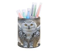 ERSTSNCK Snow Owl Pen Holder, Pencil Holder Desktop Stationery Organizer Round Leather Pencil Cup Makeup Brush Storage Box for Office Home And Stationary Supplies