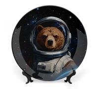 ERSTSNCK Space Astronaut Bear Ceramic Decorative Plate 7inch Bone China Wall Hanging Ornament Plates Bohemian Style Dinner Plate with Stand Cabinet Display Plates for Home Art Decor