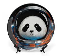ERSTSNCK Space Astronaut Panda Ceramic Decorative Plate 8inch Bone China Wall Hanging Ornament Plates Bohemian Style Dinner Plate with Stand Cabinet Display Plates for Home Art Decor