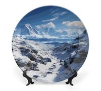 ERSTSNCK Spectacular Snowy Mountains Ceramic Decorative Plate 8inch Bone China Wall Hanging Ornament Plates Bohemian Style Dinner Plate with Stand Cabinet Display Plates for Home Art Decor