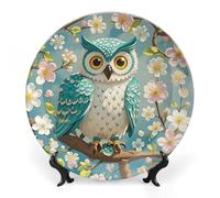 ERSTSNCK - Spring Flower Owl Turquoise Ceramic Decorative Plate 10 Inch Porcelain Bone Wall Hanging Boho Dinner Plate with