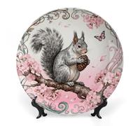 ERSTSNCK Squirrel Cherry Branch Ceramic Decorative Plate 10inch Bone China Wall Hanging Ornament Plates Bohemian Style Dinner Plate with Stand Cabinet Display Plates for Home Art Decor