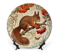 ERSTSNCK Squirrel Hawthorn Branch Ceramic Decorative Plate 6inch Bone China Wall Hanging Ornament Plates Bohemian Style Dinner Plate with Stand Cabinet Display Plates for Home Art Decor