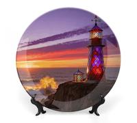 ERSTSNCK Stained Glass Lighthouse Ceramic Decorative Plate 10inch Bone China Wall Hanging Ornament Plates Bohemian Style Dinner Plate with Stand Cabinet Display Plates for Home Art Decor