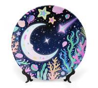 ERSTSNCK Star Ocean Pattern Ceramic Decorative Plate 8inch Bone China Wall Hanging Ornament Plates Bohemian Style Dinner Plate with Stand Cabinet Display Plates for Home Art Decor