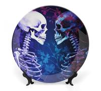 ERSTSNCK Staring at The Skeleton Ceramic Decorative Plate 10inch Bone China Wall Hanging Ornament Plates Bohemian Style Dinner Plate with Stand Cabinet Display Plates for Home Art Decor