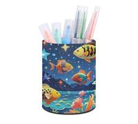 ERSTSNCK Starry And Fish Pen Holder, Pencil Holder Desktop Stationery Organizer Round Leather Pencil Cup Makeup Brush Storage Box for Office Home And Stationary Supplies