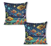 ERSTSNCK Starry and Fish Pillow Covers 18"x18"（2pcs） Linen Throw Pillow Covers - Double Sided Decorative Square Cushion Cases for Sofa, Bed, Chair (No Insert Included)