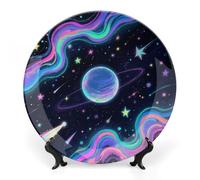 ERSTSNCK Starry Cosmos Ceramic Plate 6inch Decorative Bone China Wall Hanging Ornament Plates Bohemian Style Dinner Plate with Display Stand Cabinet Display Plates for Home Art Decor