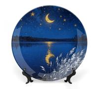 ERSTSNCK Starry Night Over Lake Ceramic Decorative Plate 10inch Bone China Wall Hanging Ornament Plates Bohemian Style Dinner Plate with Stand Cabinet Display Plates for Home Art Decor