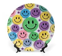 ERSTSNCK Stars And Happy Face Patterns Ceramic Decorative Plate 7inch Bone China Wall Hanging Ornament Plates Bohemian Style Dinner Plate with Stand Cabinet Display Plates for Home Art Decor