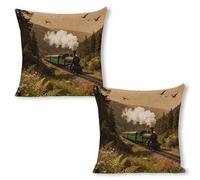 ERSTSNCK Steam Car in The Woods Pillow Covers 18"x18"（2pcs） Linen Throw Pillow Covers - Double Sided Decorative Square Cushion Cases for Sofa, Bed, Chair (No Insert Included)