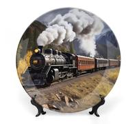 ERSTSNCK Steam Locomotive Train Ceramic Decorative Plate 8inch Bone China Wall Hanging Ornament Plates Bohemian Style Dinner Plate with Stand Cabinet Display Plates for Home Art Decor