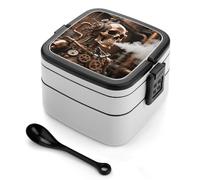 ERSTSNCK Steam - Punk Metal Skull Bento Box 1000ml Leak Proof Lunch Container with Removable Dividers & Spoon - BPA-Free PP Stackable Lunch Box for Work, Office, Picnic, Travel, Dining Out