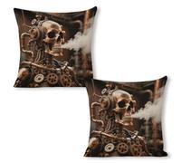 ERSTSNCK Steam - Punk Metal Skull Pillow Covers 18"x18"（2pcs） Linen Throw Pillow Covers - Double Sided Decorative Square Cushion Cases for Sofa, Bed, Chair (No Insert Included)