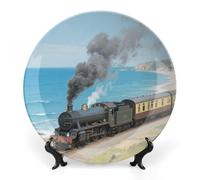 ERSTSNCK Steam Train by The Sea Ceramic Decorative Plate 6inch Bone China Wall Hanging Ornament Plates Bohemian Style Dinner Plate with Stand Cabinet Display Plates for Home Art Decor