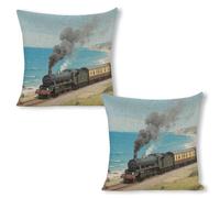 ERSTSNCK Steam Train by The Sea Pillow Covers 18"x18"（2pcs） Linen Throw Pillow Covers - Double Sided Decorative Square Cushion Cases for Sofa, Bed, Chair (No Insert Included)