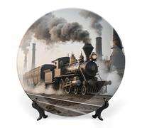 ERSTSNCK Steam Train Ceramic Decorative Plate 6inch Bone China Wall Hanging Ornament Plates Bohemian Style Dinner Plate with Stand Cabinet Display Plates for Home Art Decor