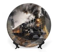 ERSTSNCK Steam Train Ceramic Plate 8inch Decorative Bone China Wall Hanging Ornament Plates Bohemian Style Dinner Plate with Display Stand Cabinet Display Plates for Home Art Decor