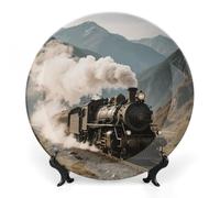ERSTSNCK Steam Train in Mountains Ceramic Decorative Plate 6inch Bone China Wall Hanging Ornament Plates Bohemian Style Dinner Plate with Stand Cabinet Display Plates for Home Art Decor