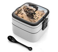 ERSTSNCK Steam Train in The Desert Bento Box 1000ml Leak Proof Lunch Container with Removable Dividers & Spoon - BPA-Free PP Stackable Lunch Box for Work, Office, Picnic, Travel, Dining Out
