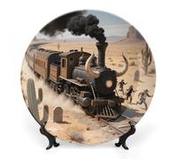 ERSTSNCK Steam Train in The Desert Ceramic Plate 7inch Decorative Bone China Wall Hanging Ornament Plates Bohemian Style Dinner Plate with Display Stand Cabinet Display Plates for Home Art Decor