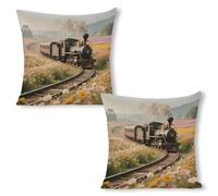 ERSTSNCK Steam Train Pillow Covers 18"x18"（2pcs） Linen Throw Pillow Covers - Double Sided Decorative Square Cushion Cases for Sofa, Bed, Chair (No Insert Included)