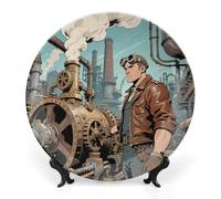 ERSTSNCK Steampunk Factory 10 Inch Ceramic Bone China Wall Hanging Plate Boho Dinner Plate with Cabinet Stand for Home Decor