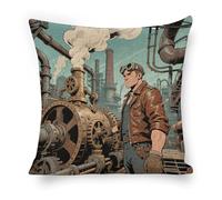 ERSTSNCK Steampunk Factory Pillow Covers 18"x18" Linen Throw Pillow Covers - Double Sided Decorative Square Cushion Cases for Sofa, Bed, Chair (No Insert Included)