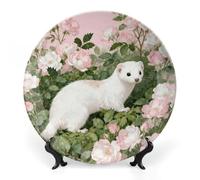 ERSTSNCK Stoat in Pink Rosebush Ceramic Decorative Plate 7inch Bone China Wall Hanging Ornament Plates Bohemian Style Dinner Plate with Stand Cabinet Display Plates for Home Art Decor
