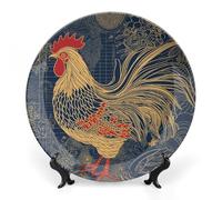 ERSTSNCK Striped Golden Rooster Ceramic Decorative Plate 6inch Bone China Wall Hanging Ornament Plates Bohemian Style Dinner Plate with Stand Cabinet Display Plates for Home Art Decor