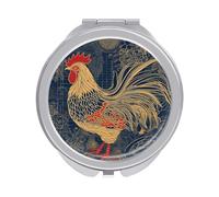 ERSTSNCK Striped Golden Rooster Compact Mirror for Purse, Double-Sided 1x/2x Magnifying Metal Pocket Makeup Mirrors, Folding Mini Vanity Mirror, Handheld Round Travel Cosmetic Mirrors for Women
