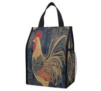 ERSTSNCK Striped Golden Rooster Insulated Lunch Bag Leakproof Insulated Cooler Bags Reusable Cooler Tote Foldable Lunchbox for Adult Women Men for Work Travel Picnic