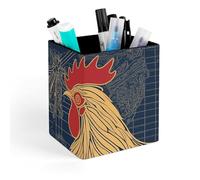 ERSTSNCK Striped Golden Rooster Pen Holder, Pencil Holder Desktop Stationery Organizer Square Leather Pencil Cup Makeup Brush Storage Box for Office Home And Stationary Supplies
