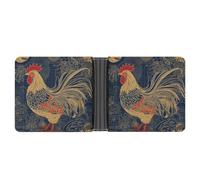 ERSTSNCK Striped Golden Rooster Wallet for Men Bifold Rfid Blocking Slim Money Clip Front Pocket Wallet Card Holder