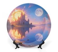ERSTSNCK Sun And Moon Ceramic Plate 7inch Decorative Bone China Wall Hanging Ornament Plates Bohemian Style Dinner Plate with Display Stand Cabinet Display Plates for Home Art Decor