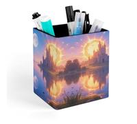 ERSTSNCK Sun And Moon Pen Holder, Pencil Holder Desktop Stationery Organizer Square Leather Pencil Cup Makeup Brush Storage Box for Office Home And Stationary Supplies