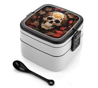 ERSTSNCK Sun Skull Decorated Bento Box 1000ml Leak Proof Lunch Container with Removable Dividers & Spoon - BPA-Free PP Stackable Lunch Box for Work, Office, Picnic, Travel, Dining Out