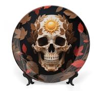 ERSTSNCK Sun Skull Decorated Ceramic Plate 6inch Decorative Bone China Wall Hanging Ornament Plates Bohemian Style Dinner Plate with Display Stand Cabinet Display Plates for Home Art Decor