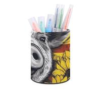 ERSTSNCK Sunflower Pets Pen Holder, Pencil Holder Desktop Stationery Organizer Round Leather Pencil Cup Makeup Brush Storage Box for Office Home And Stationary Supplies