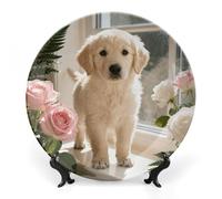 ERSTSNCK Sunny Windowsill Dog Ceramic Decorative Plate 6inch Bone China Wall Hanging Ornament Plates Bohemian Style Dinner Plate with Stand Cabinet Display Plates for Home Art Decor