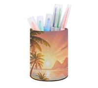 ERSTSNCK Sunrise Tropical Palm Tree Island Pen Holder, Pencil Holder Desktop Stationery Organizer Round Leather Pencil Cup Makeup Brush Storage Box for Office Home And Stationary Supplies
