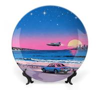 ERSTSNCK Sunset at The Seaside Ceramic Decorative Plate 8inch Bone China Wall Hanging Ornament Plates Bohemian Style Dinner Plate with Stand Cabinet Display Plates for Home Art Decor
