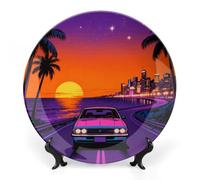 ERSTSNCK Sunset Highway by The Sea Ceramic Decorative Plate 6inch Bone China Wall Hanging Ornament Plates Bohemian Style Dinner Plate with Stand Cabinet Display Plates for Home Art Decor