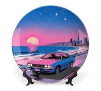 ERSTSNCK Sunset on The Seaside Highway Ceramic Decorative Plate 6inch Bone China Wall Hanging Ornament Plates Bohemian Style Dinner Plate with Stand Cabinet Display Plates for Home Art Decor