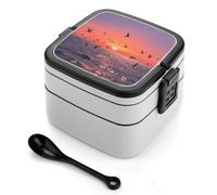 ERSTSNCK Sunset Seagulls Bento Box 1000ml Leak Proof Lunch Container with Removable Dividers & Spoon - BPA-Free PP Stackable Lunch Box for Work, Office, Picnic, Travel, Dining Out