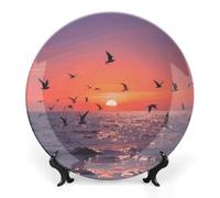 ERSTSNCK Sunset Seagulls Ceramic Plate 10inch Decorative Bone China Wall Hanging Ornament Plates Bohemian Style Dinner Plate with Display Stand Cabinet Display Plates for Home Art Decor