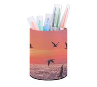 ERSTSNCK Sunset Seagulls Pen Holder, Pencil Holder Desktop Stationery Organizer Round Leather Pencil Cup Makeup Brush Storage Box for Office Home And Stationary Supplies